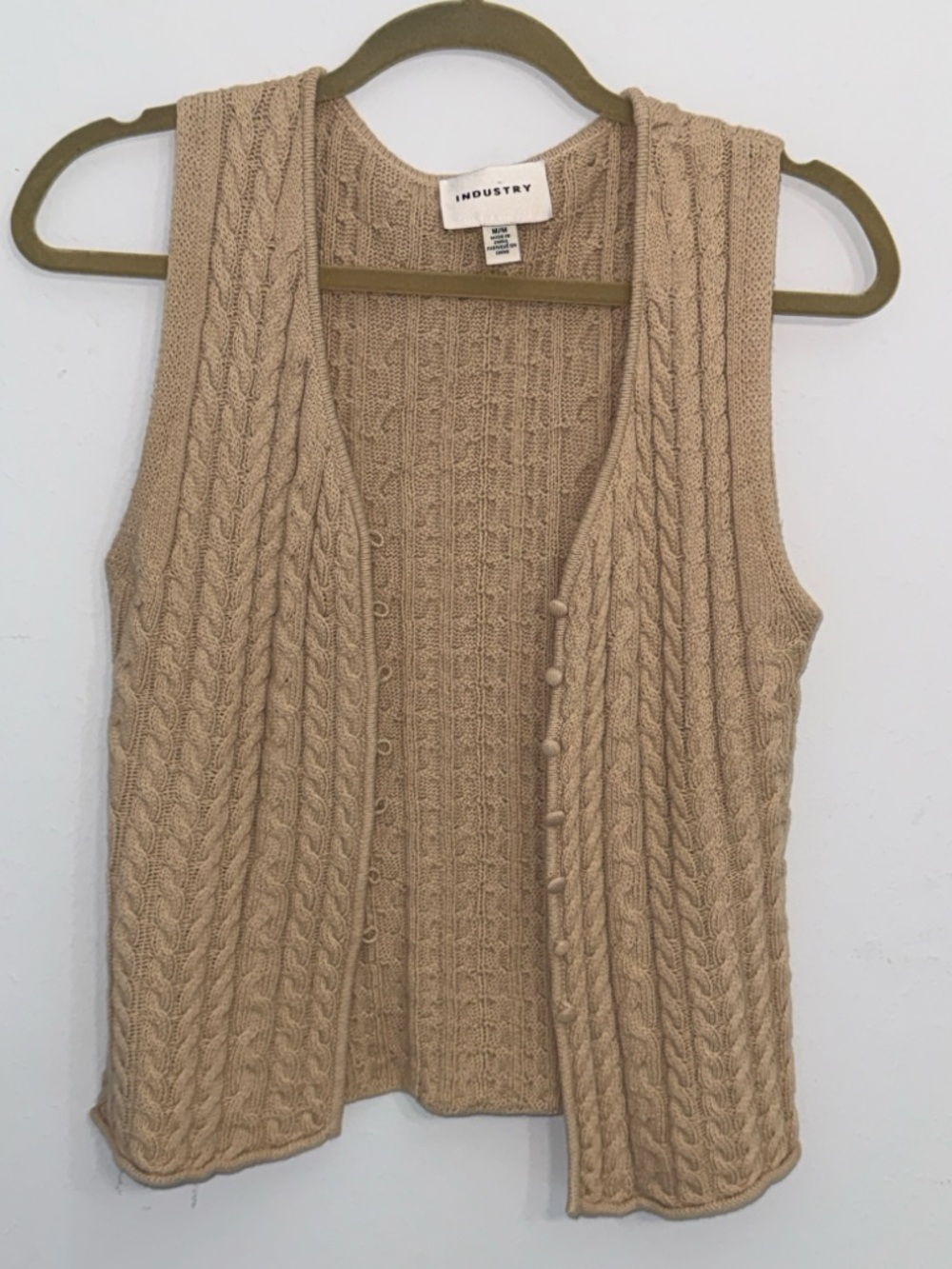 INDUSTRY Cable Knit Button Vest in Camel for Women.